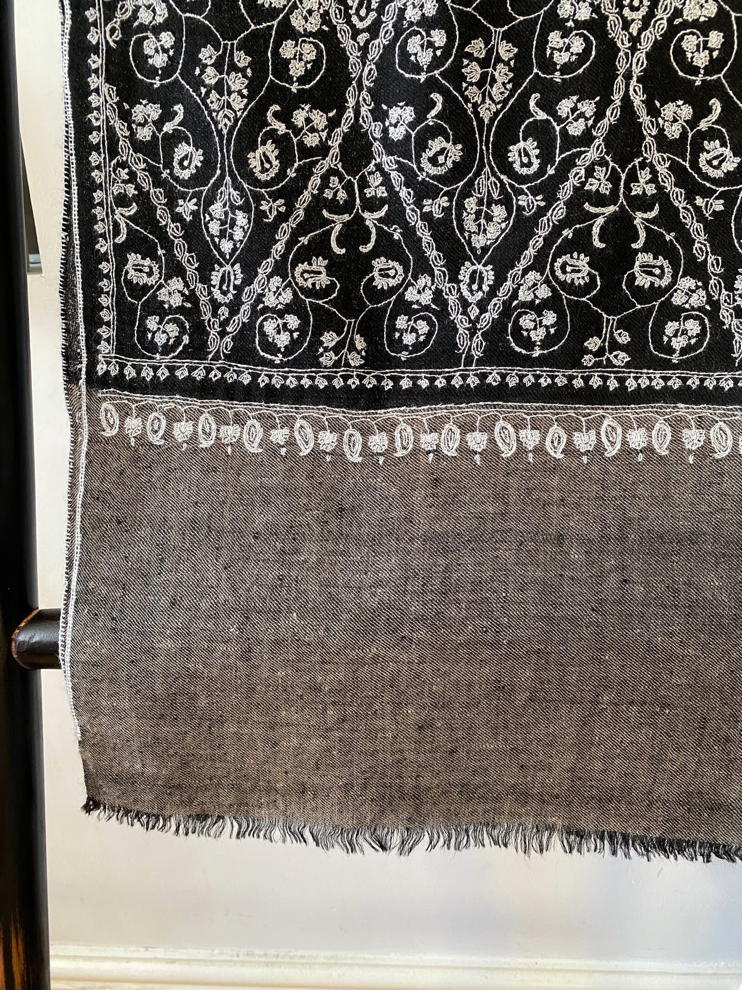Black with Grey Bottom with White Full Hand Embroidery Pashmina