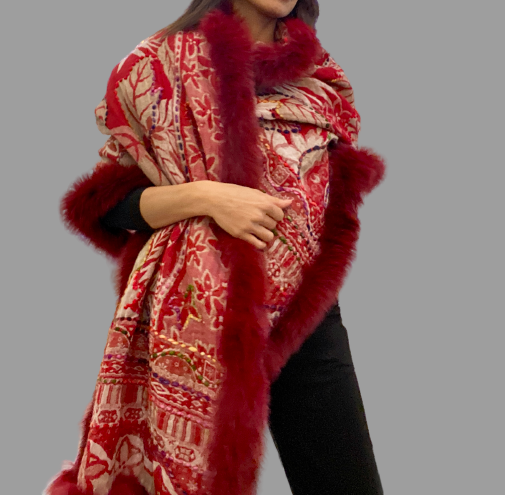 Red colour handcrafted boiled wool embroidery scarf in four side