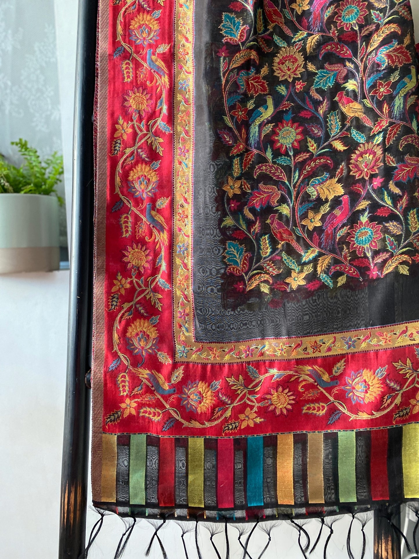 Kani Design Silk Saree Embroidery Red and Black Golden Border With Strip Bottom Flower and Bird Shawl