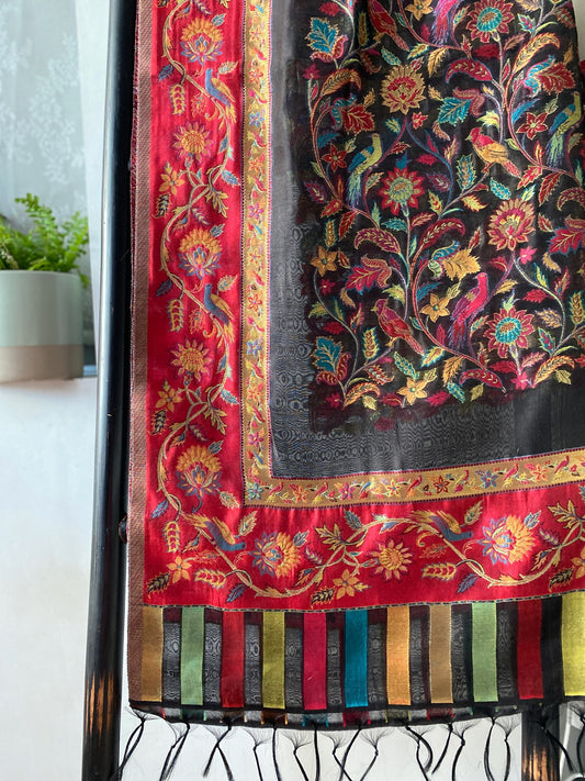 Kani Design Silk Embroidery Red and Black Golden Border With Strip Bottom Flower and Bird Shawl