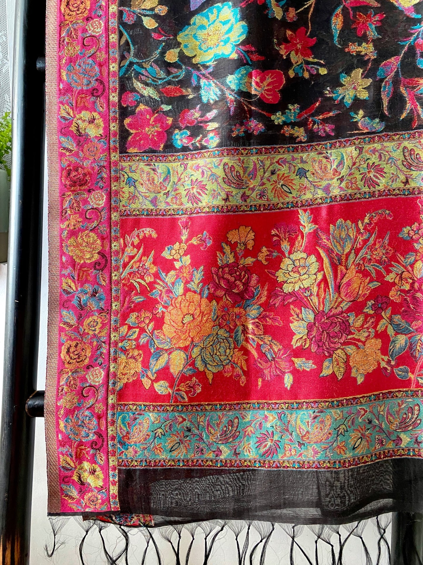 Handmade Kani Silk Embroidery Muti Colour Black base with Blue Bottom Flower Pattern Shawl