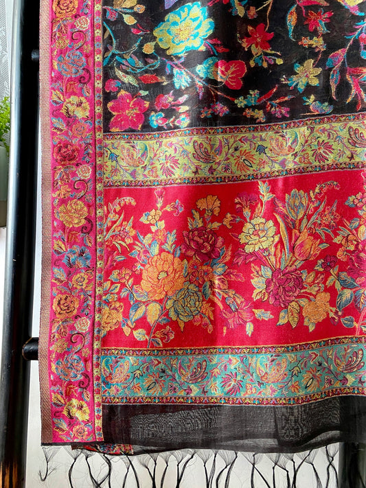 Handmade Kani Silk Embroidery Muti Colour Black base with Blue Bottom Flower Pattern Shawl
