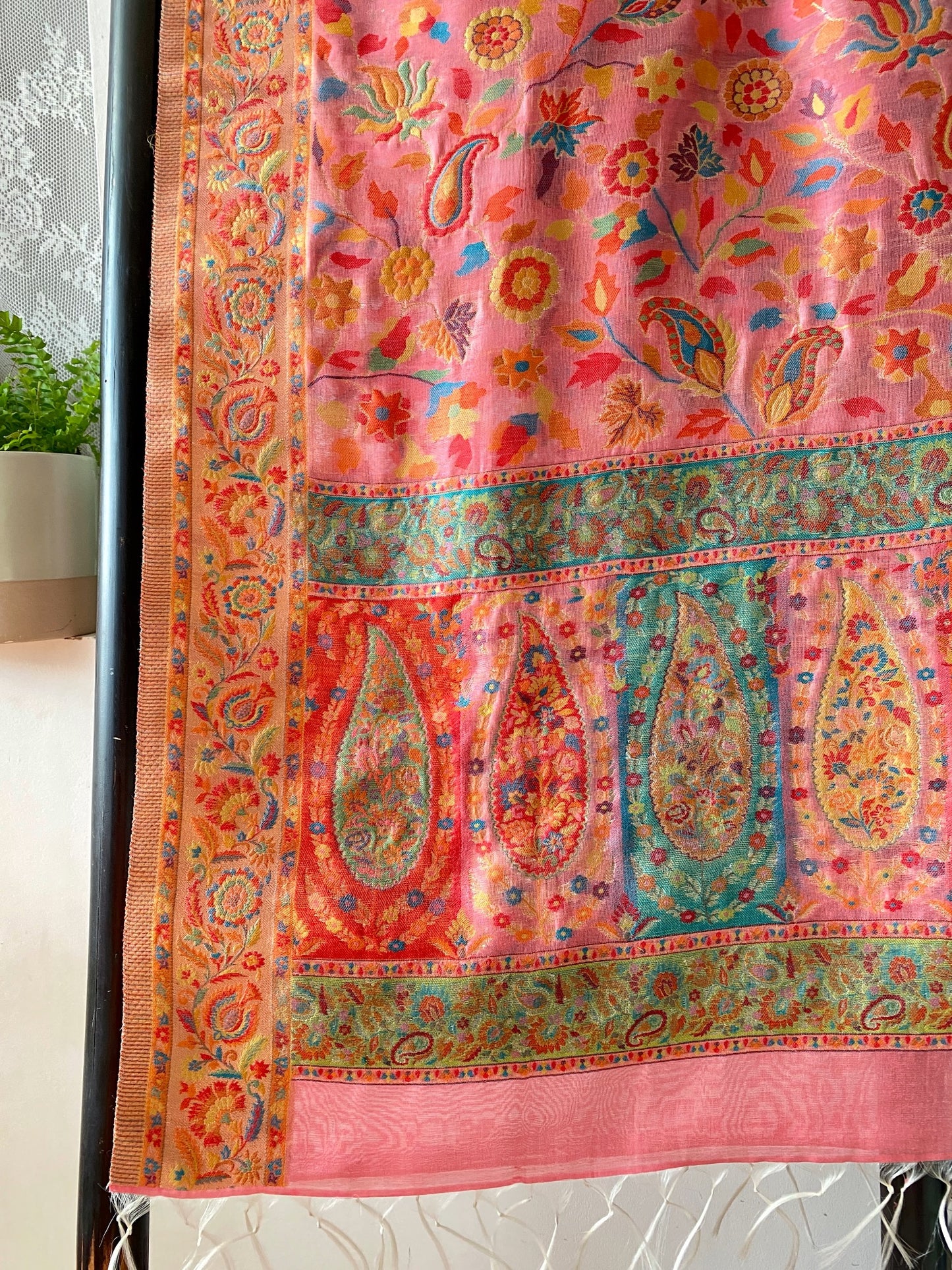 Kani Design  Silk Saree Pink Base Colour with Muti Colour Bottom Shawl