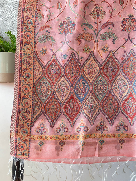 Kani Design Silk Soft Pink Colour Base Wth Diamond Pattern Bottom Shawl