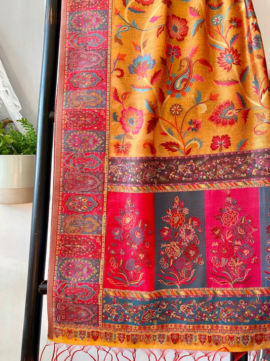 Kani Design Silk Yellow Colour Base Muti Colour Border Flower Pattern Shawl