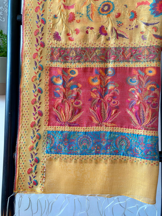 Kani Design Silk Light Yellow Colour Base Small Flower with Red and Blue bottom Shawl
