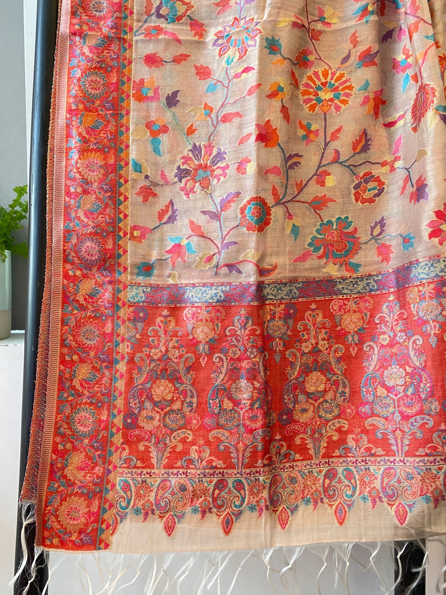 Kani Design Silk Shawl in Natural and Red Flower pattern
