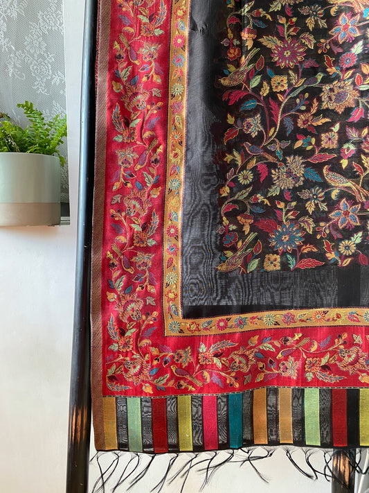 Kani Design Silk Embroidery Red Border With Black Base Colour and Mutli-colour Flower Pattern Shawl