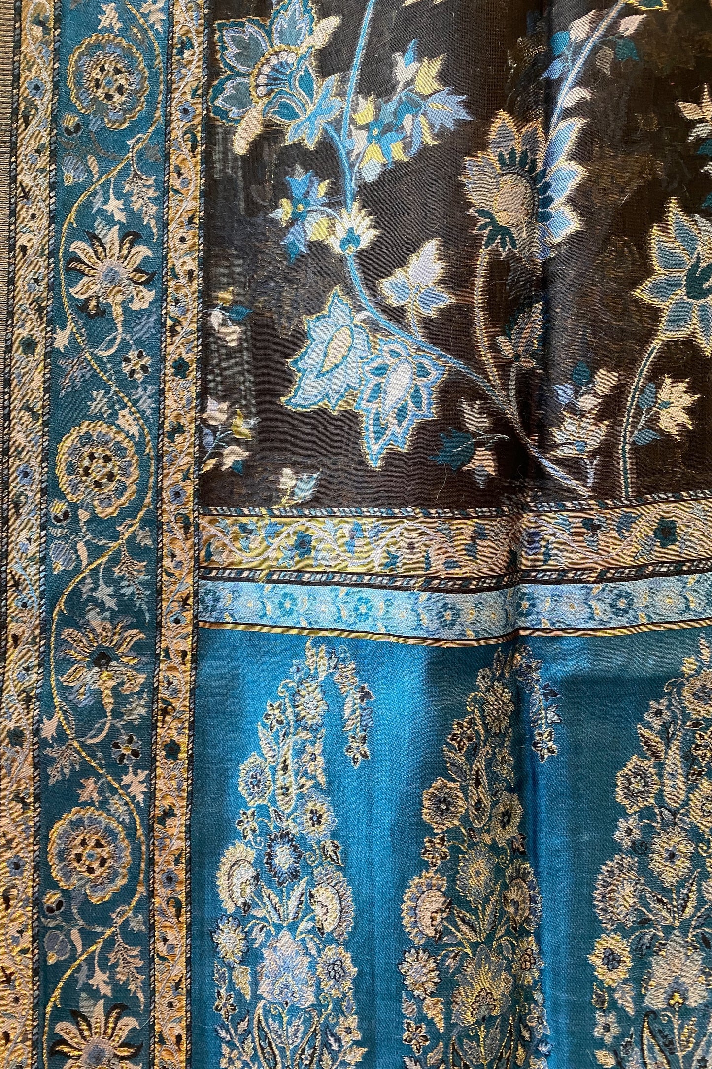 Kani Design Silk Shawl in Blue and Black with Golden line and Flower pattern