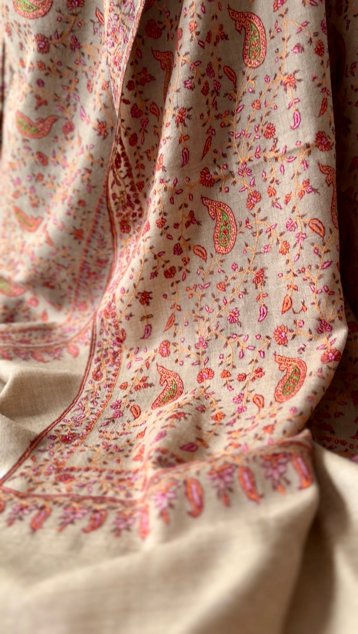 Natural Colour with orange Full Hand Embroidery Pure Cashmere (Pashmina) Shawl