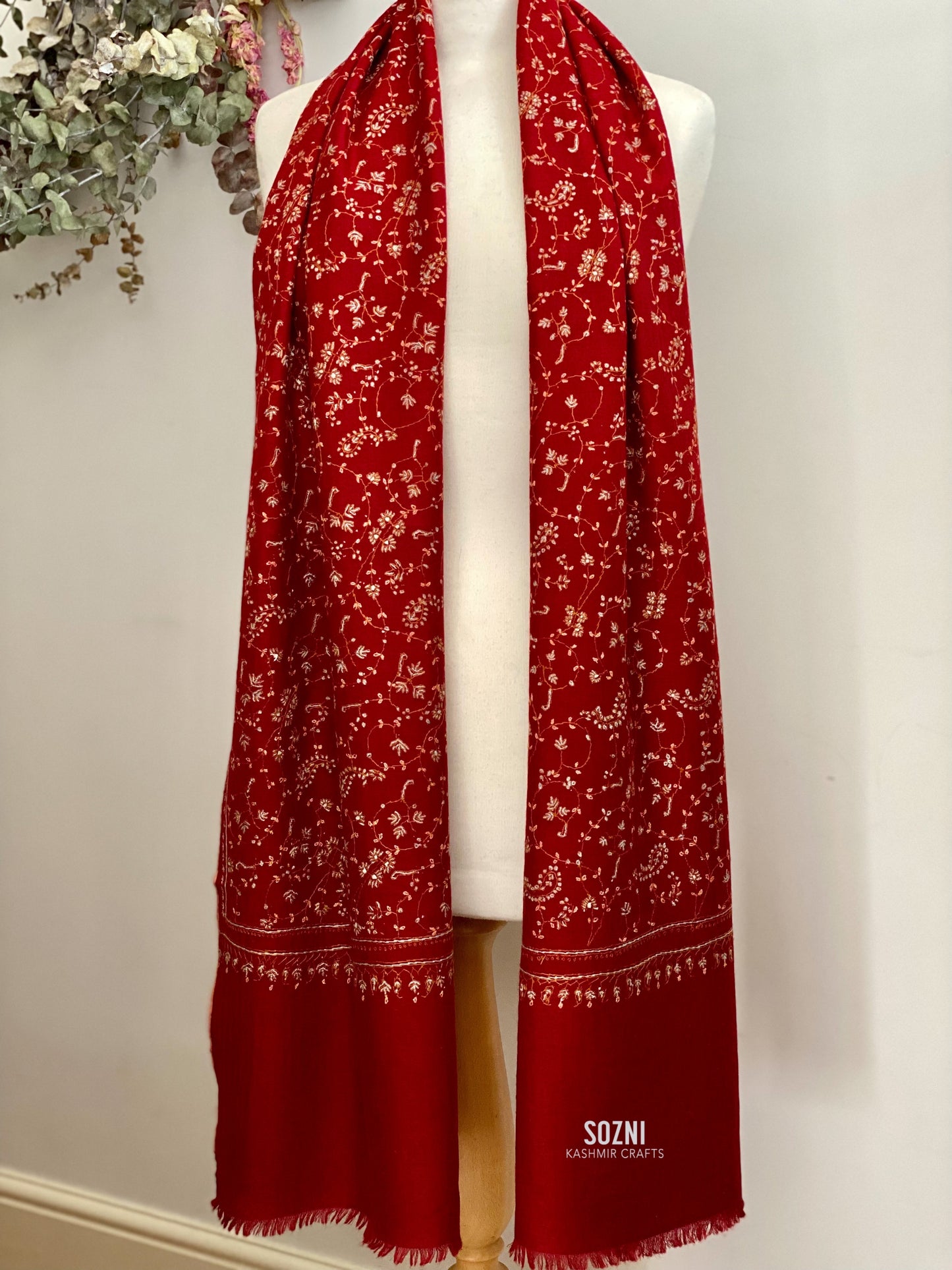 Handmade Christmas Red with Blue Flower Wool Embroidery (Jali) Stole