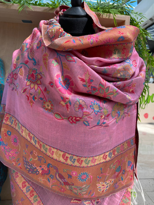 Kani Design Silk Shawl in Pink Flower pattern with Gold thread work