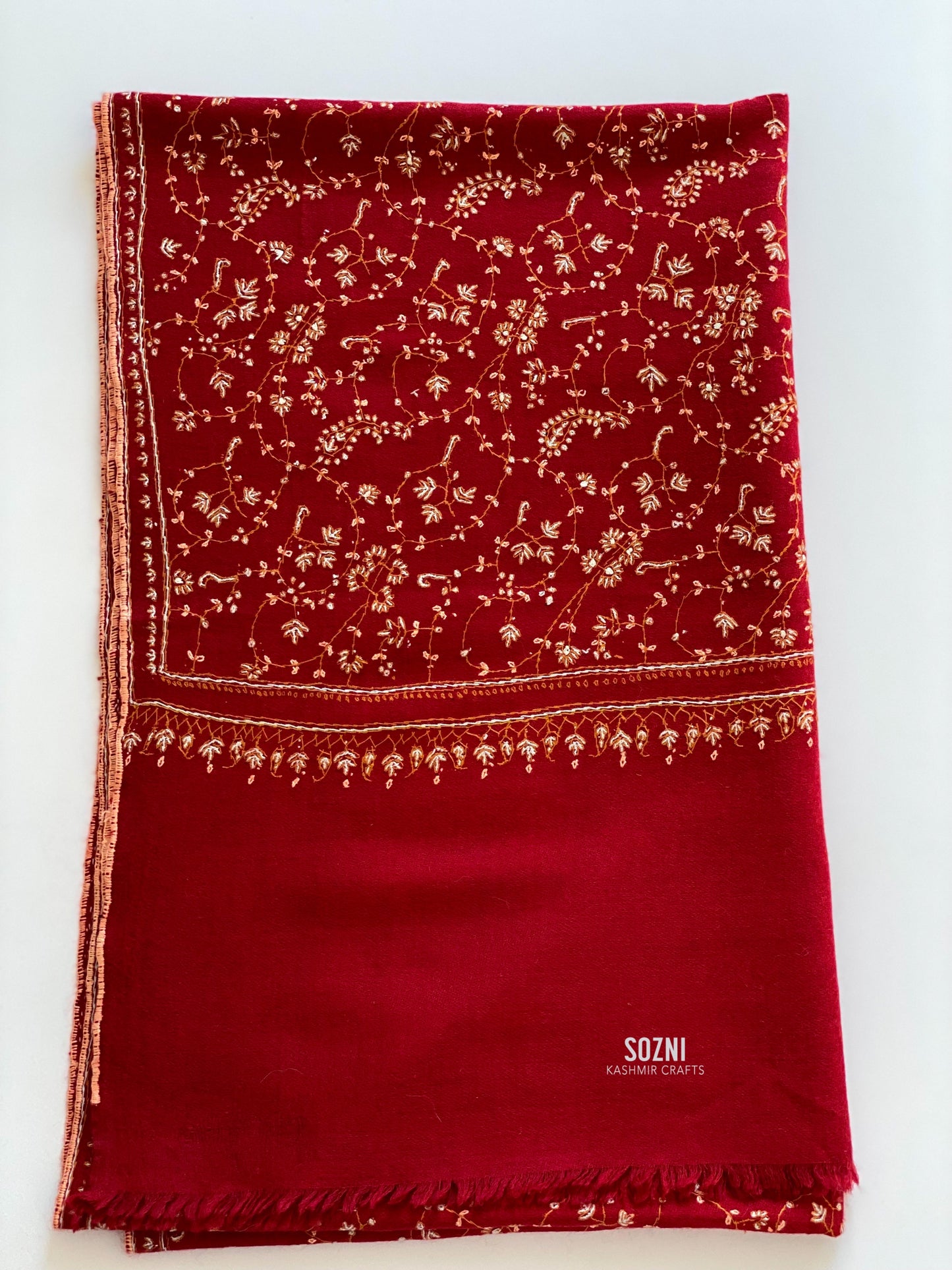 Handmade Christmas Red with Blue Flower Wool Embroidery (Jali) Stole