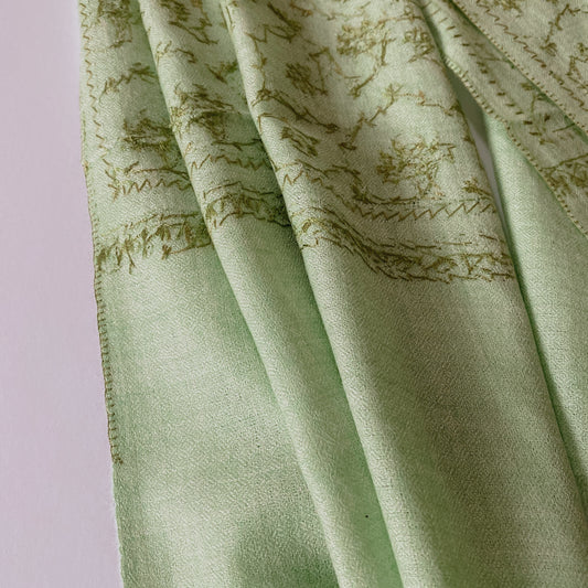 Apple Green Colour Hand Embroidery Cashmere Scarf