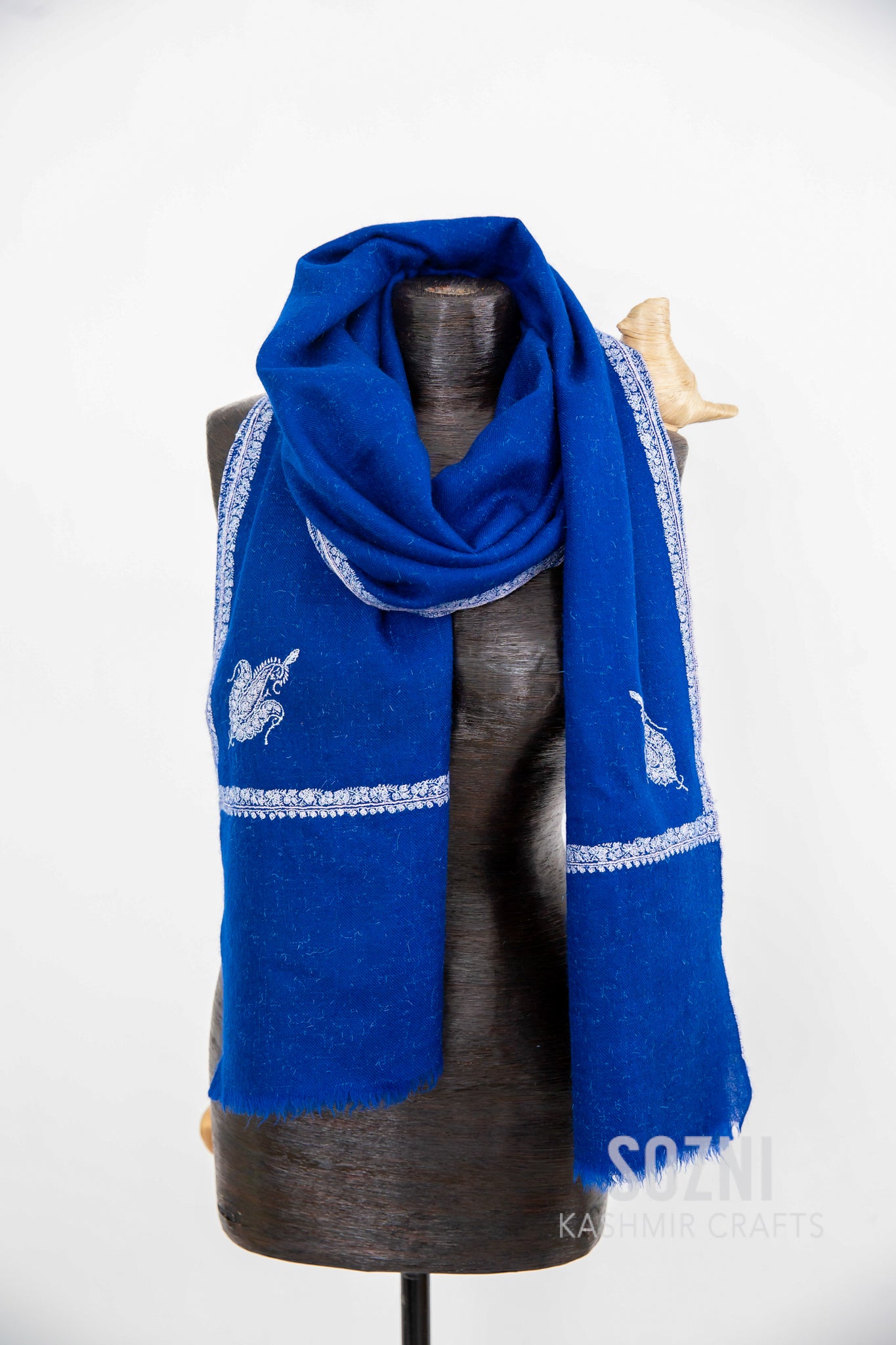 Royal Blue Border Pashmina Embroidery Stole