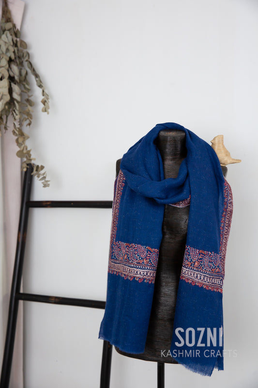 Peacock Blue Border Pashmina with sliver line Embroidery
