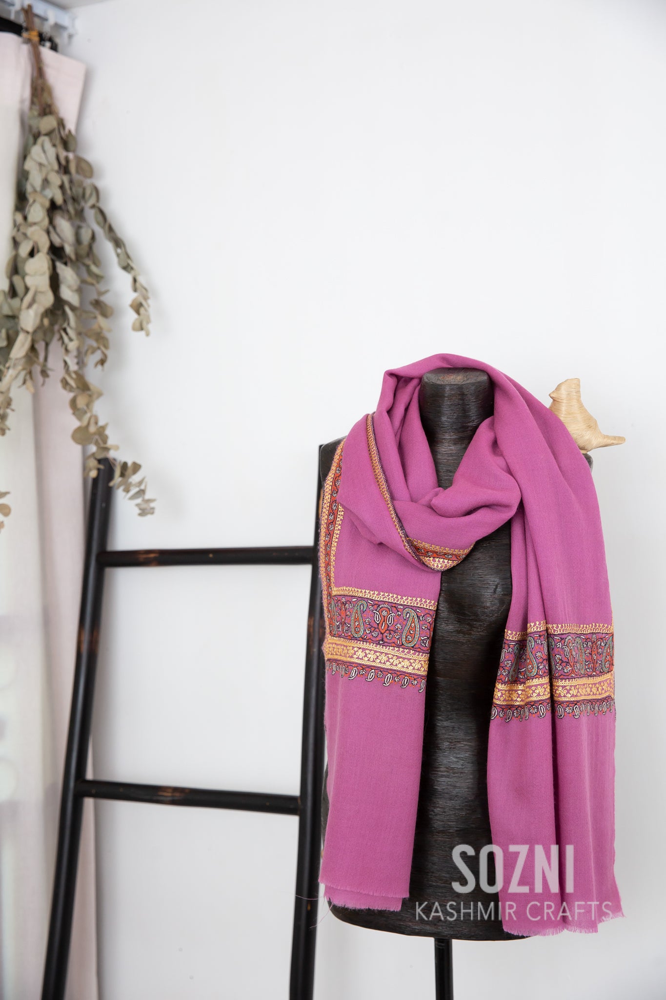 Cherry Border Pashmina with Gold Line Embroidery Stole