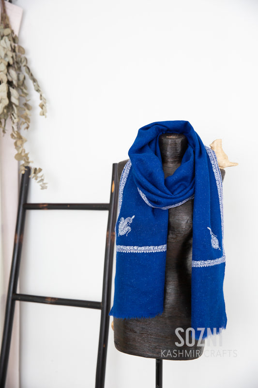 Royal Blue Border Pashmina Embroidery Stole