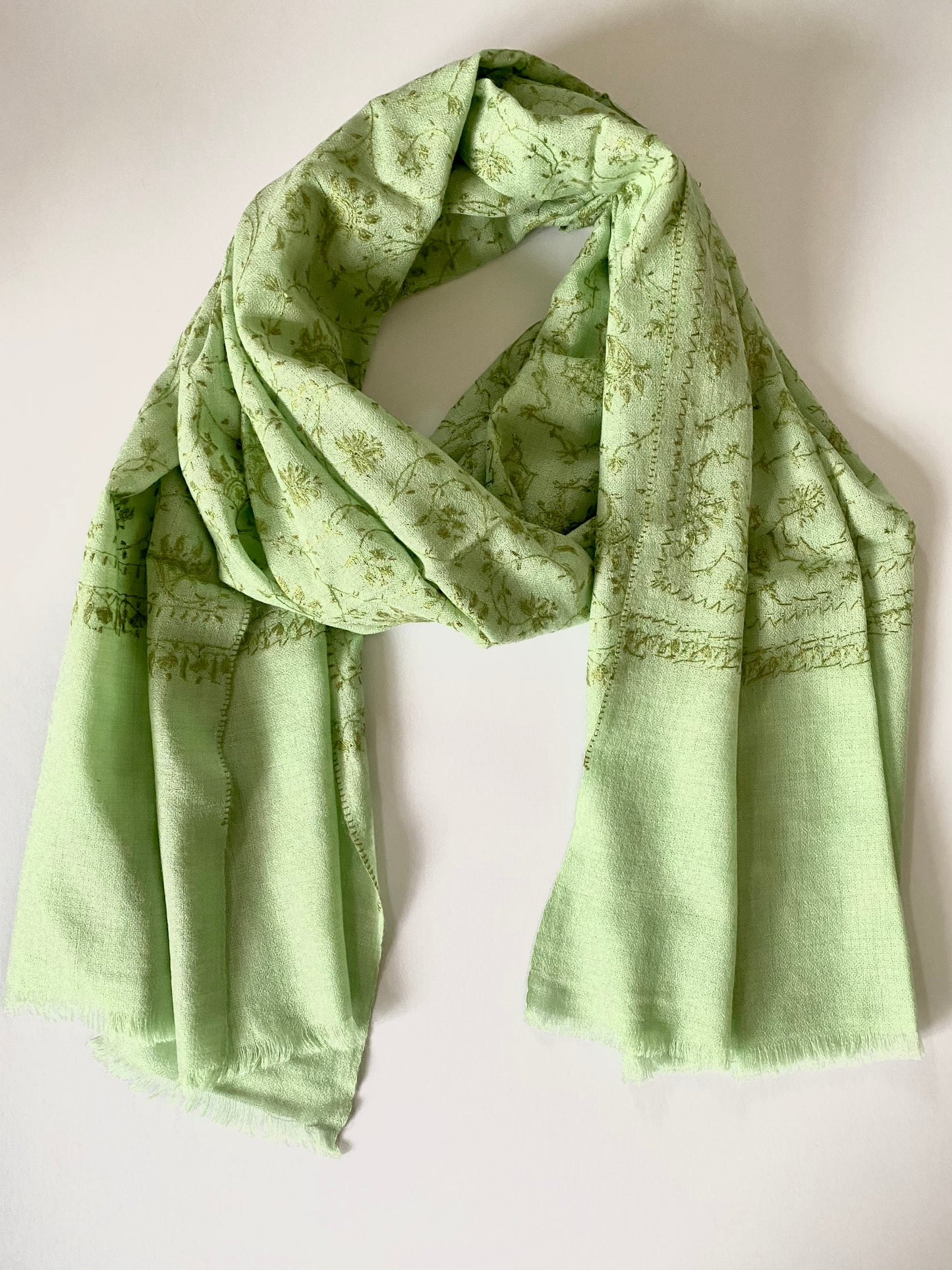 Apple Green Colour Hand Embroidery Cashmere Scarf