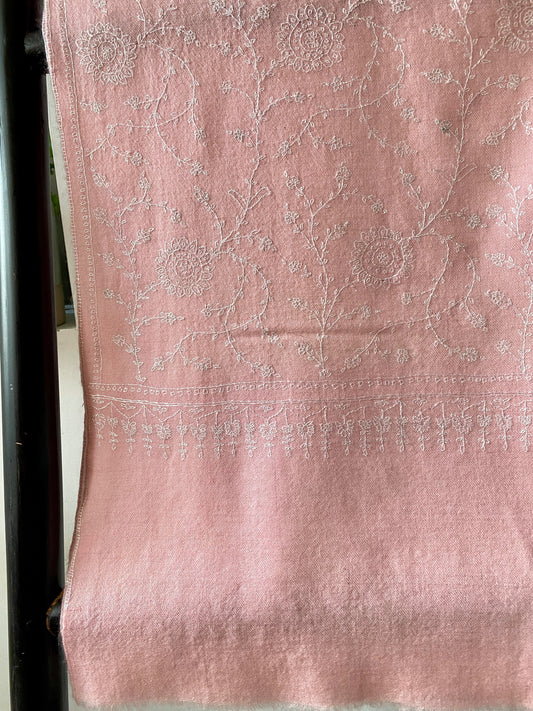 Baby Pink with Full White Hand Embroidery Pashmina