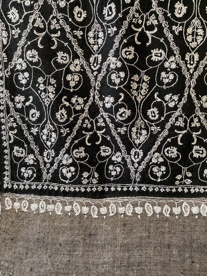 Black with Grey Bottom with White Full Hand Embroidery Pashmina