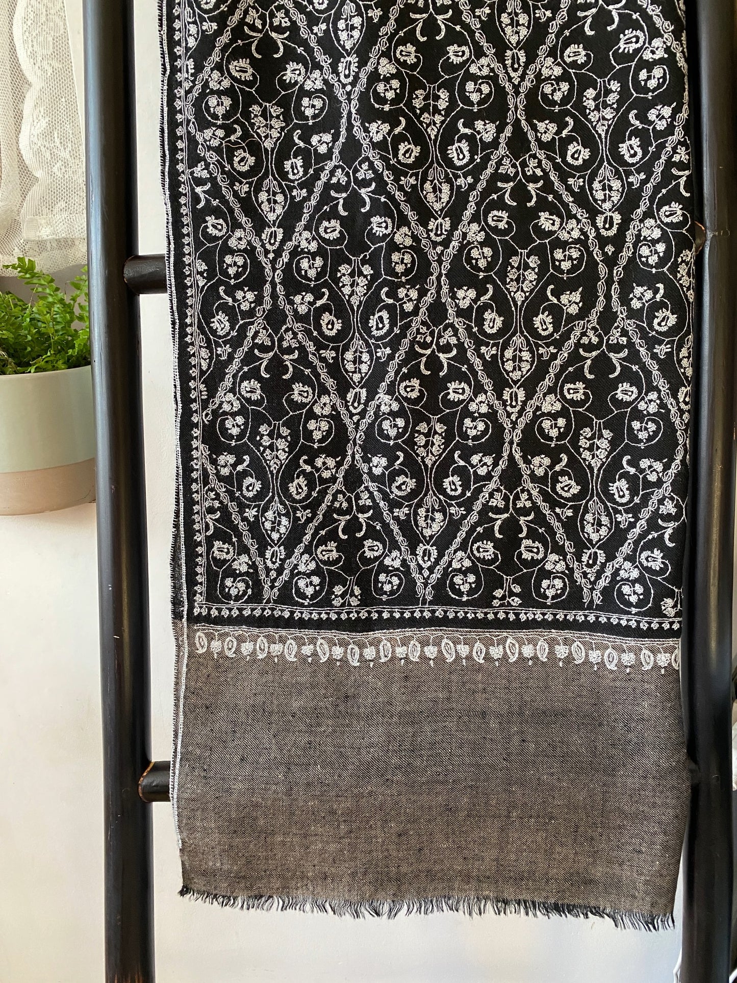 Black with Grey Bottom with White Full Hand Embroidery Pashmina