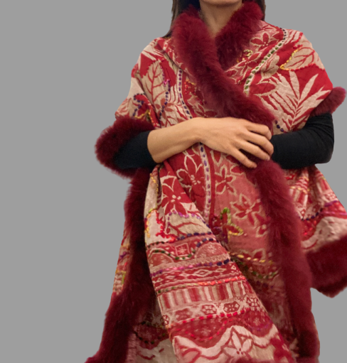 Red colour handcrafted boiled wool embroidery scarf in four side