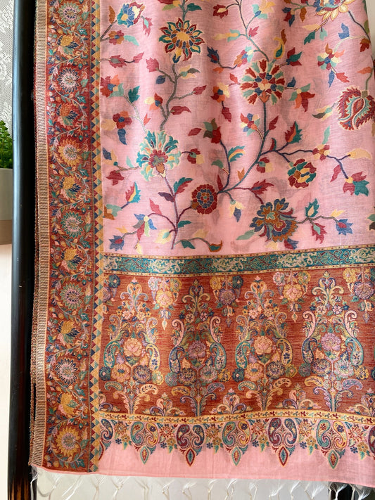 Kani Design Silk Saree Dark Grey with Dear Shocking Pink with Flower Pattern Shawl