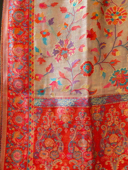 Kani Design Silk Saree Shawl in Natural and Red Flower pattern