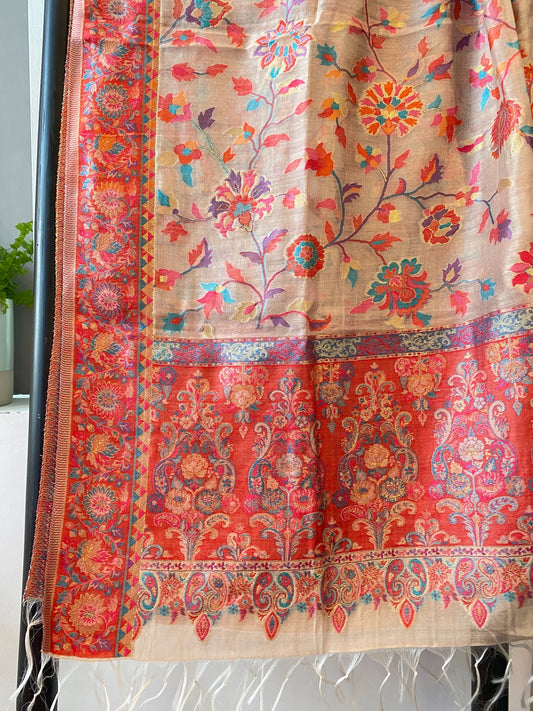 Kani Design Silk Saree Shawl in Natural and Red Flower pattern