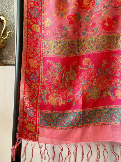 Kani Design Silk Saree Shawl in Pink Flower pattern