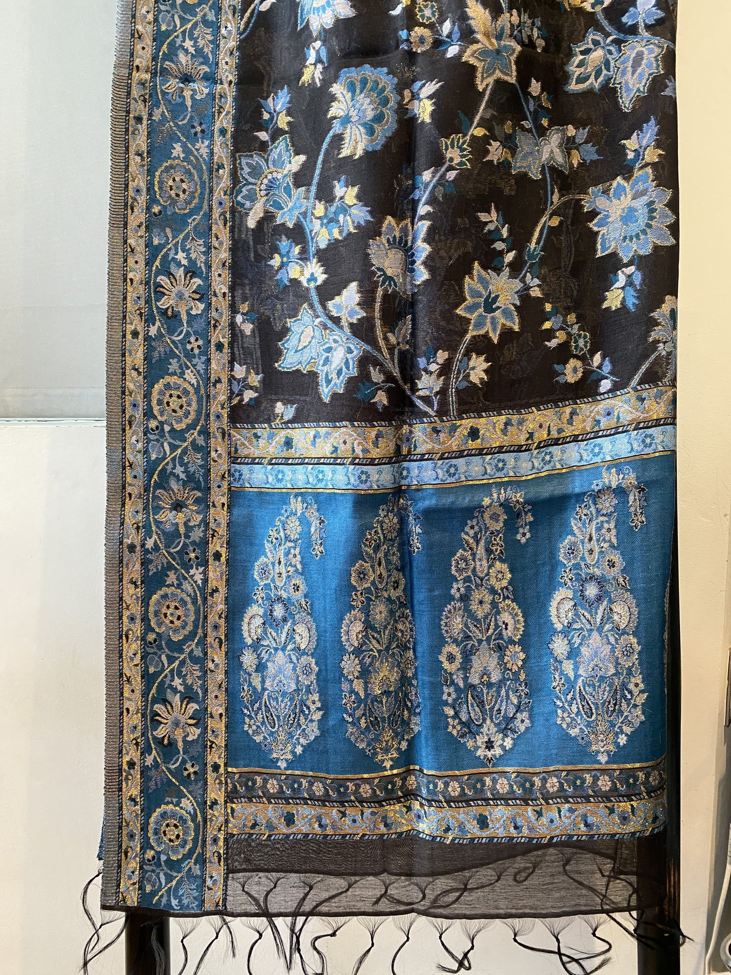 Kani Design Silk Saree Shawl in Blue and Black with Golden line and Flower pattern