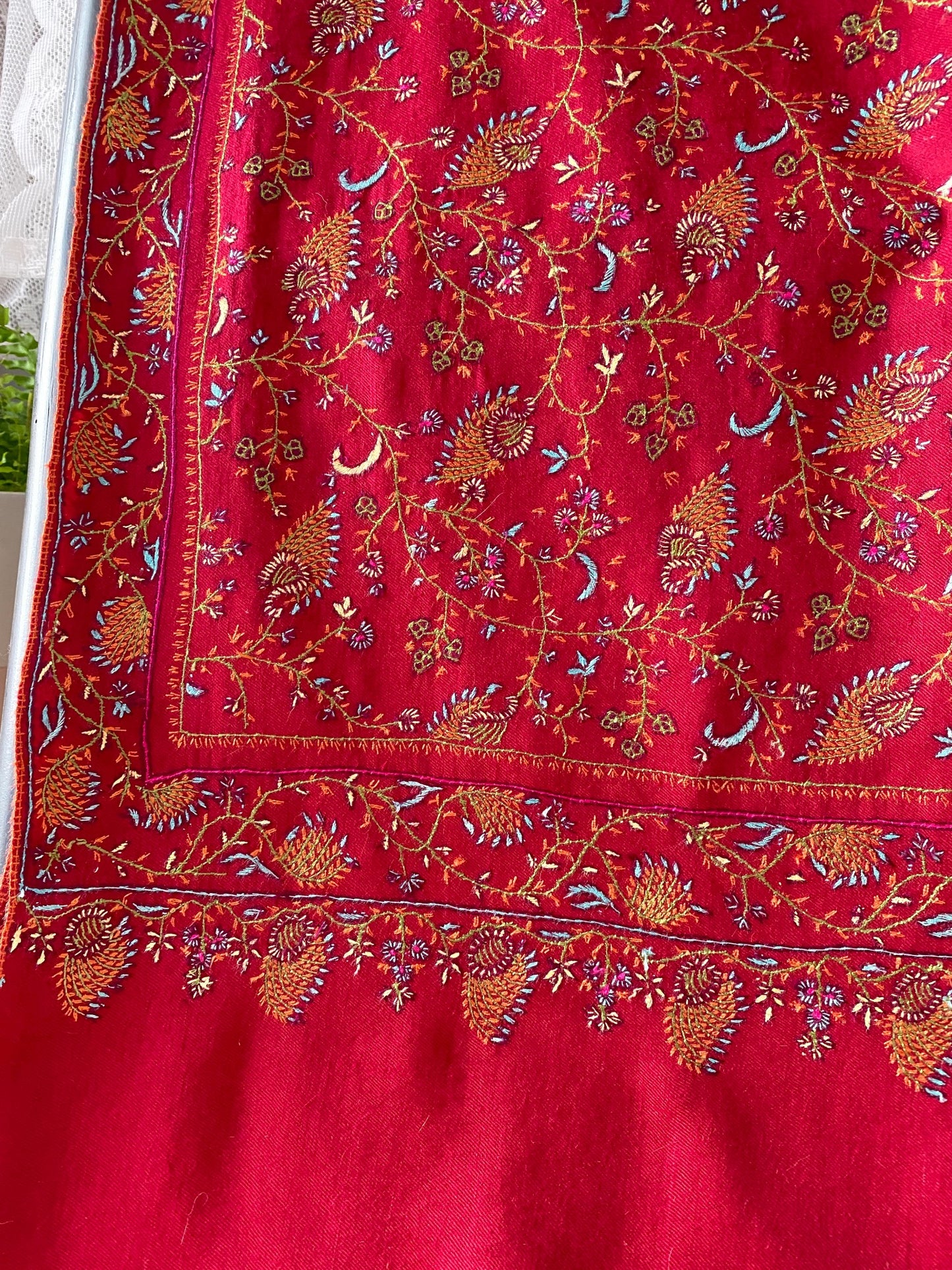 Red Colour with Full Hand Embroidery Pashmina