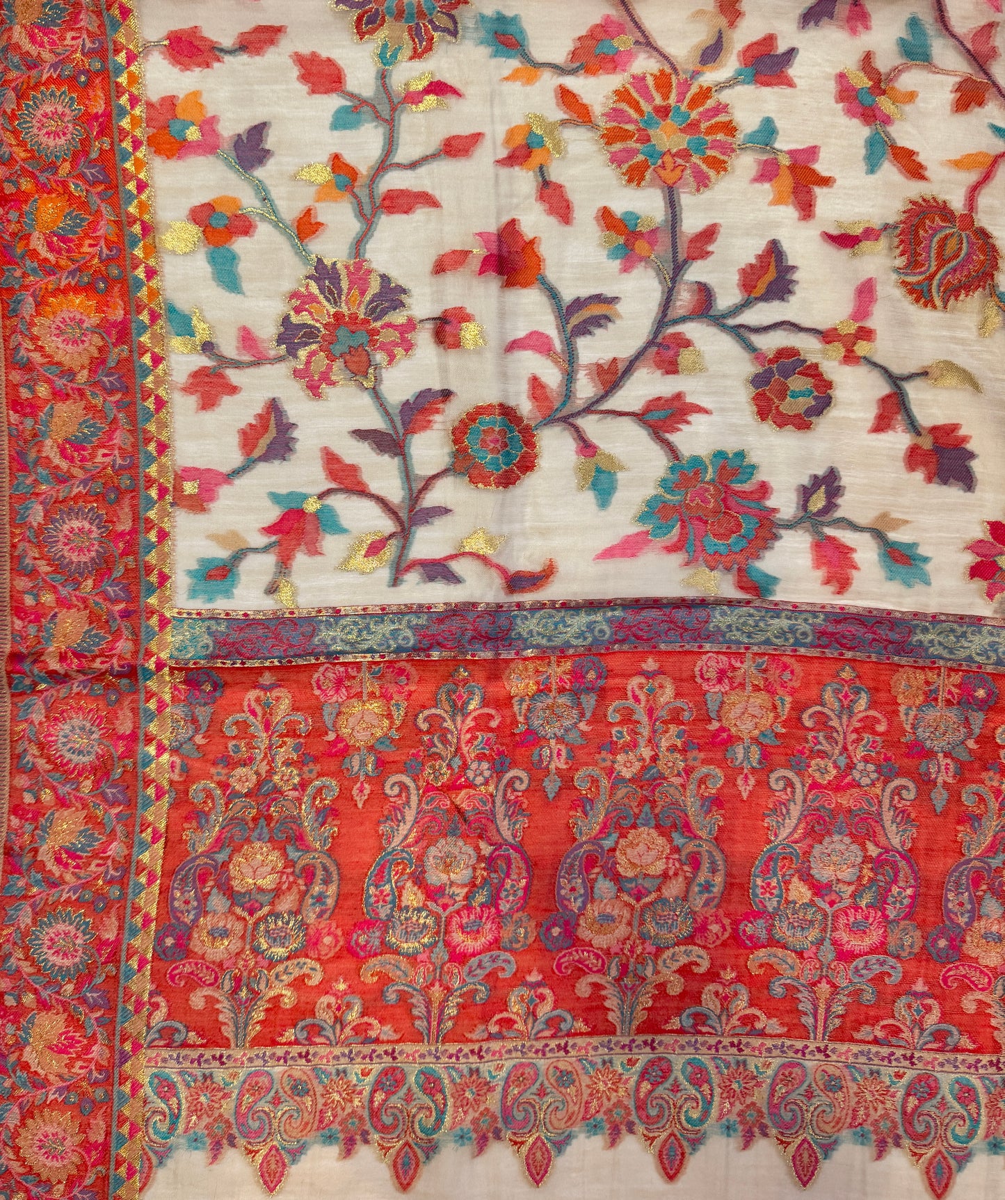 Kani Design Silk Shawl in Natural and Red Flower pattern (HW14)