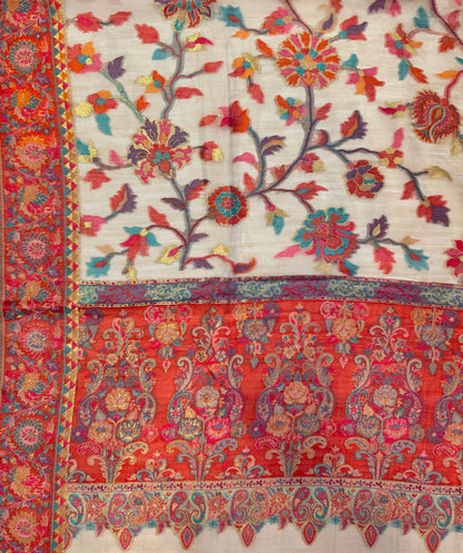 Kani Design Silk Shawl in Natural and Red Flower pattern (HW14)