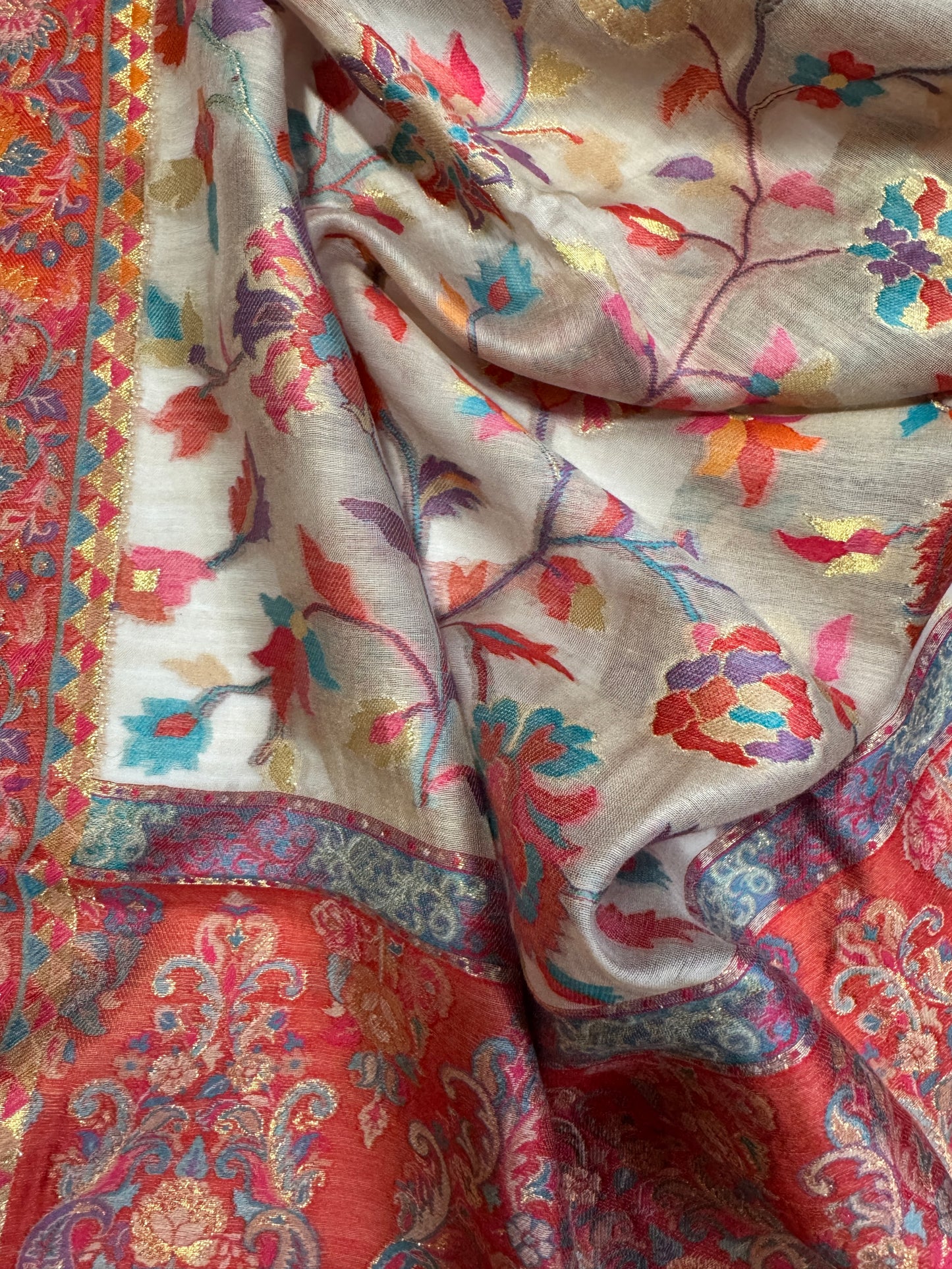 Kani Design Silk Shawl in Natural and Red Flower pattern (HW14)