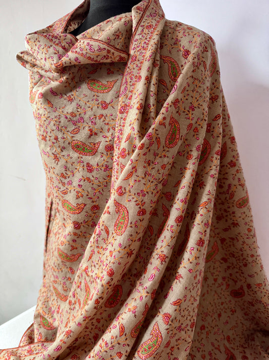 Natural Colour with orange Full Hand Embroidery Pure Cashmere (Pashmina) Shawl