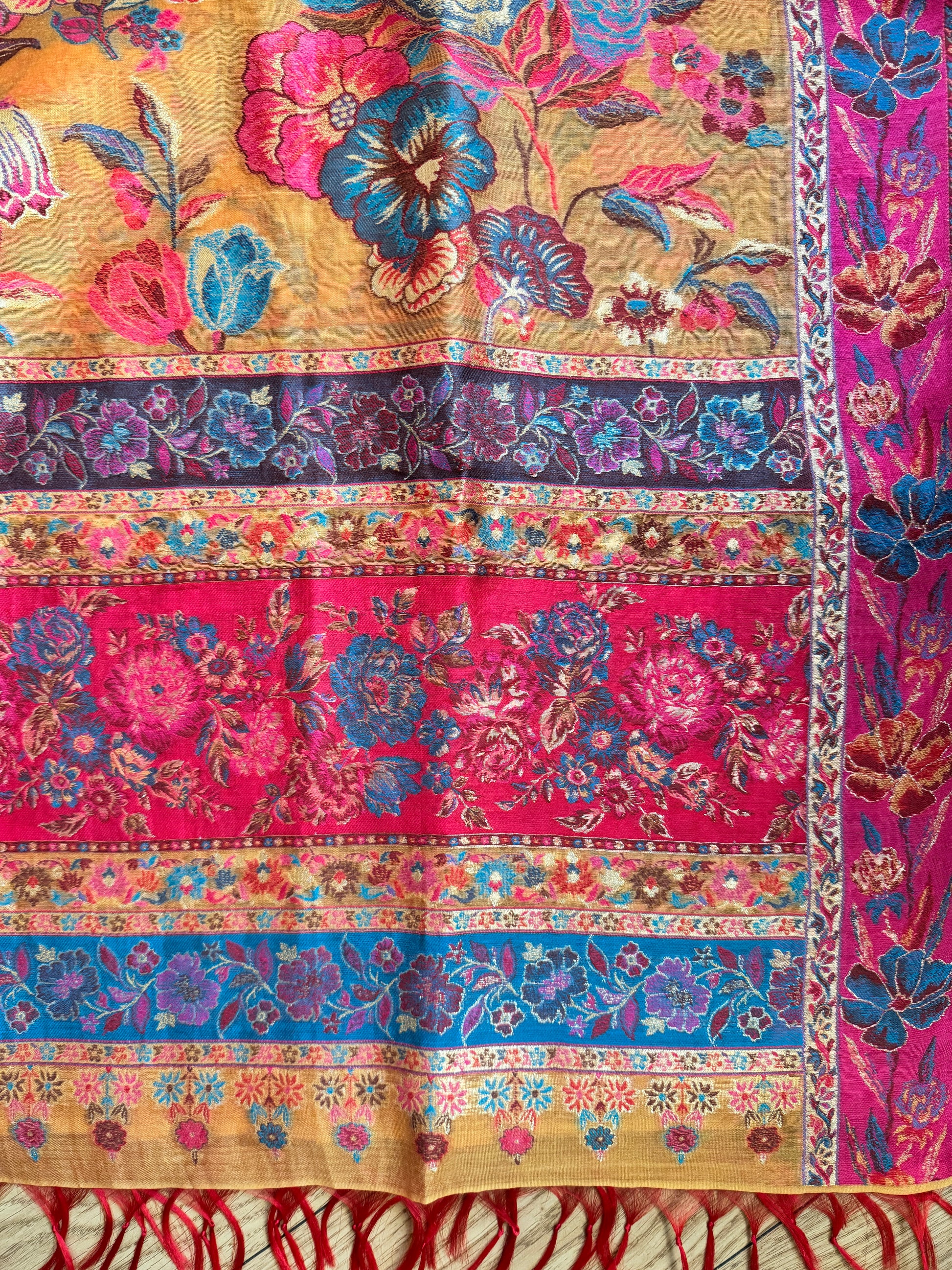 Handwoven Kashmiri floral silk scarf with multicolor design and red fringes
