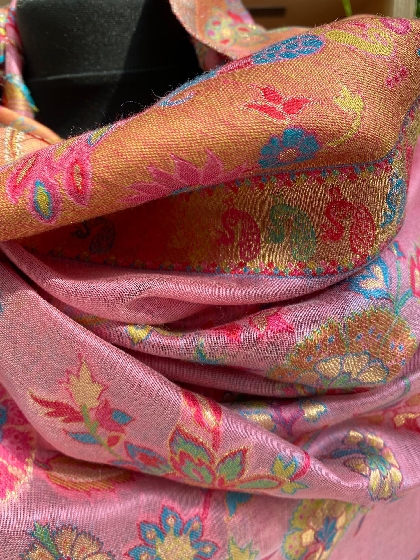Kani Silk Embroidery Shawl in Pink Flower pattern