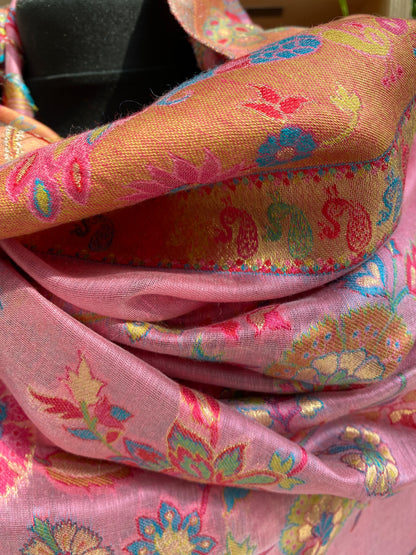 Kani Design Silk Saree Shawl in Pink Flower pattern with Gold thread work