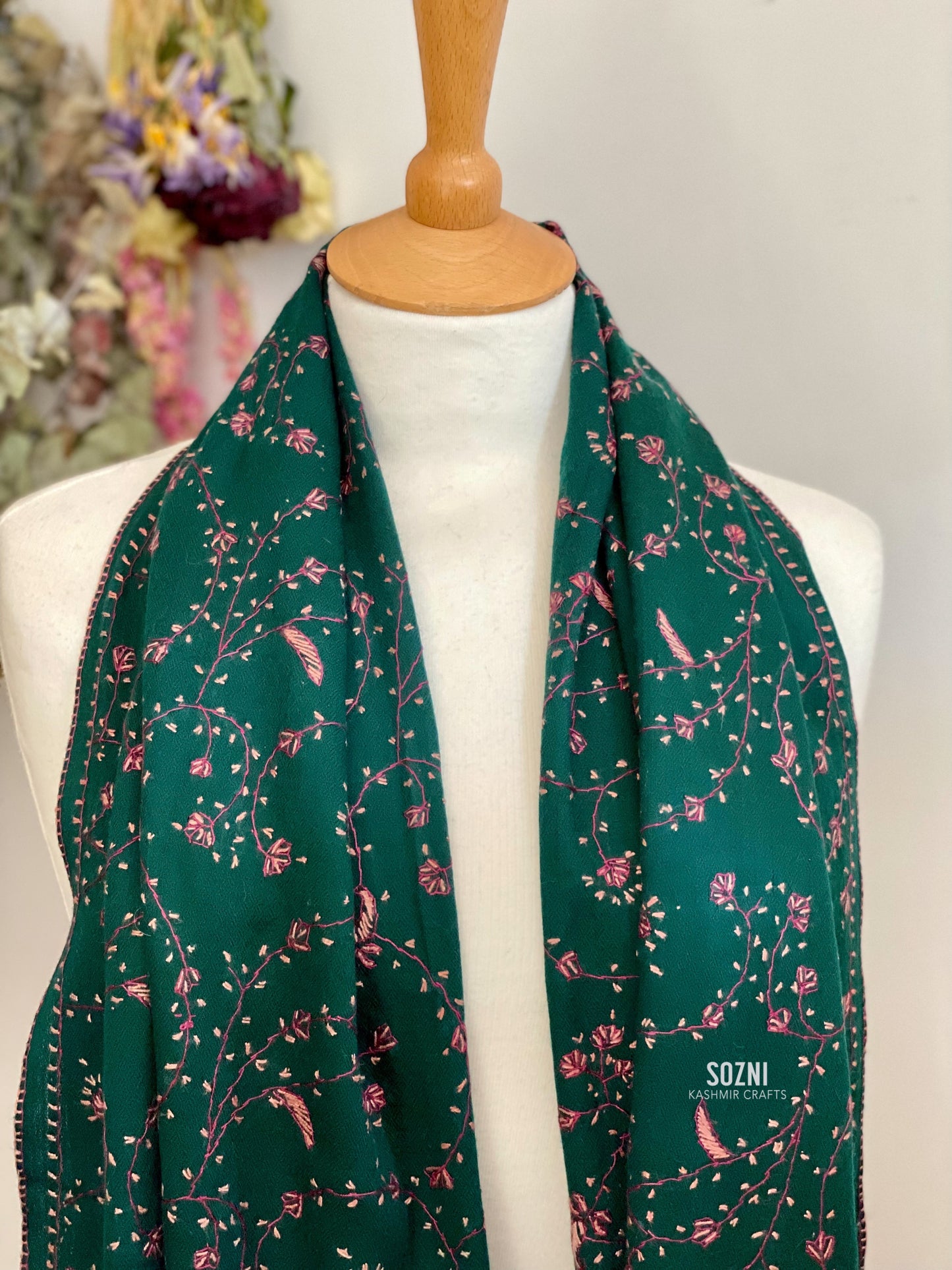 Forest Green Wool Embroidery (Jali) Stole