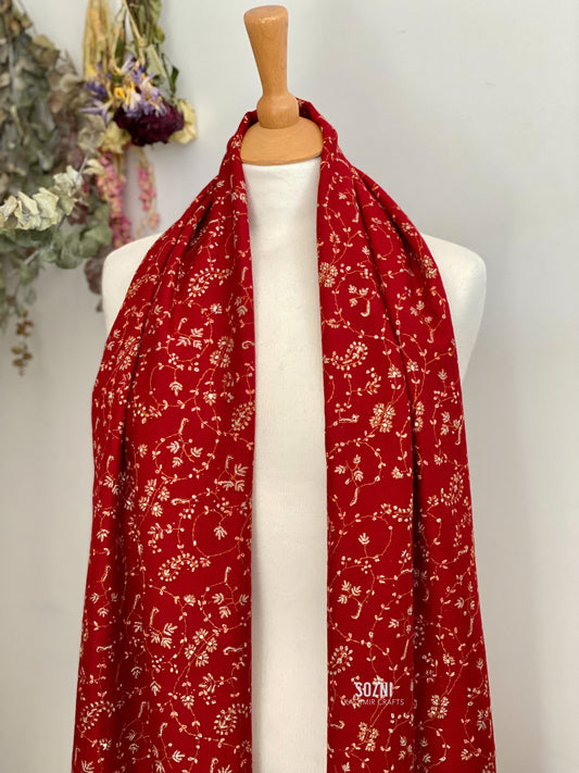 Handmade Christmas Red with Blue Flower Wool Embroidery (Jali) Stole