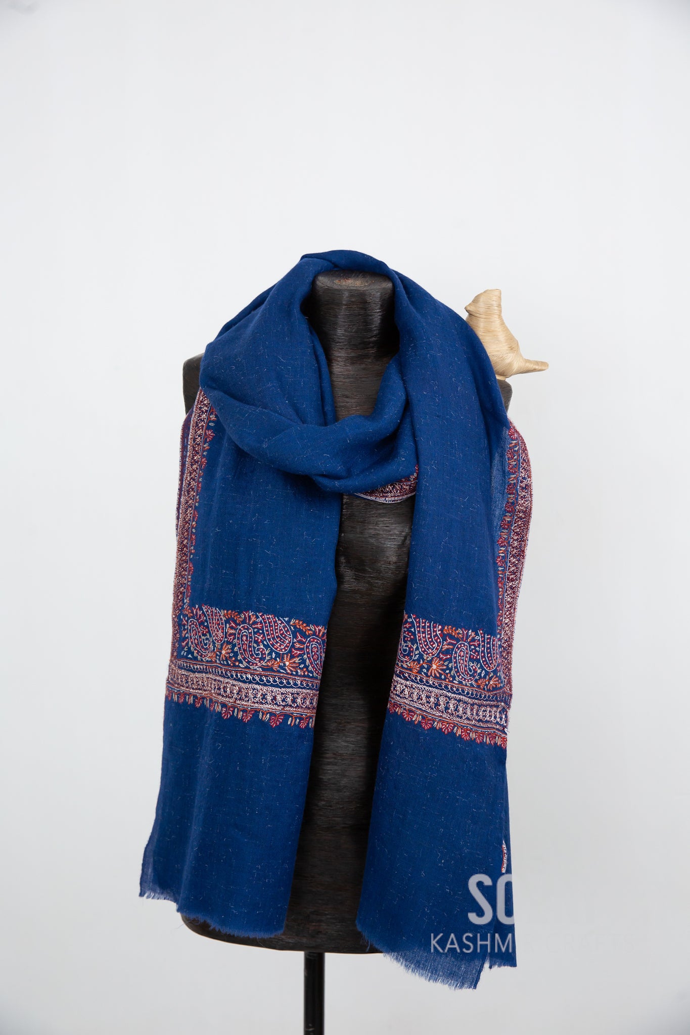 Peacock Blue Border Pashmina with sliver line Embroidery
