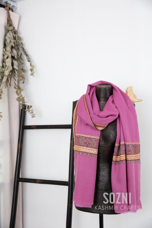 Cherry Border Pashmina with Gold Line Embroidery Stole